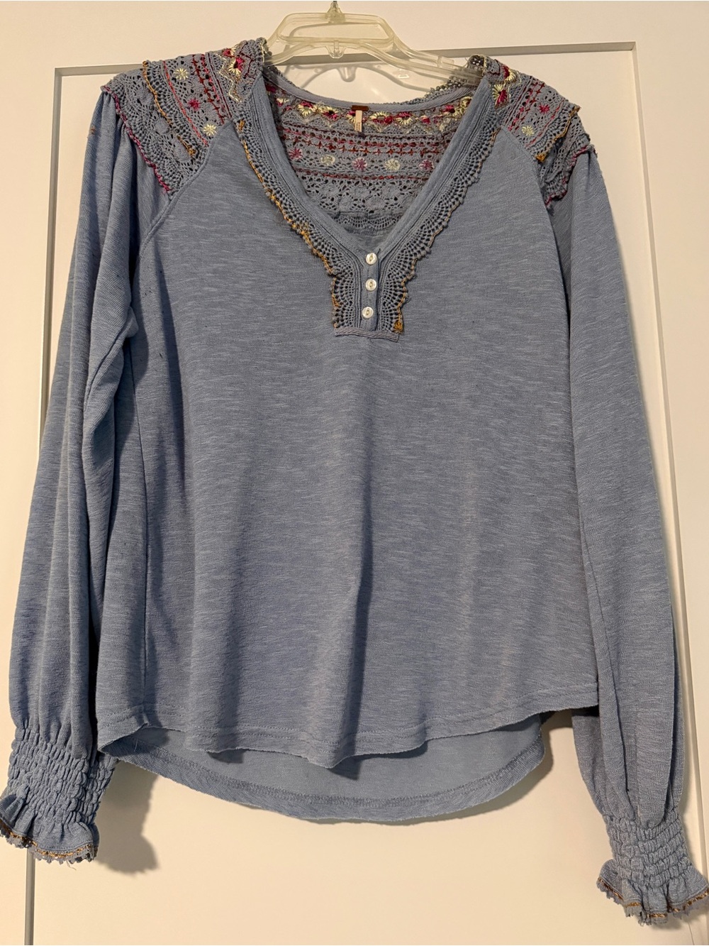 Free People Siesta Fiesta Embroidered Crochet Top Light Blue - Size Small